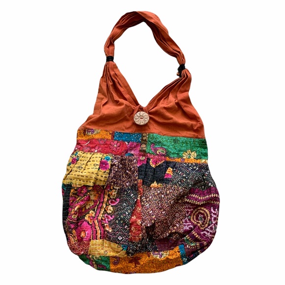 Handmade Handbags - Handmade India Boho Printed Orange Hobo Bag